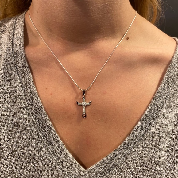Sterling Silver Cz Cross with Angel Wings Necklace - Picture 10 of 16